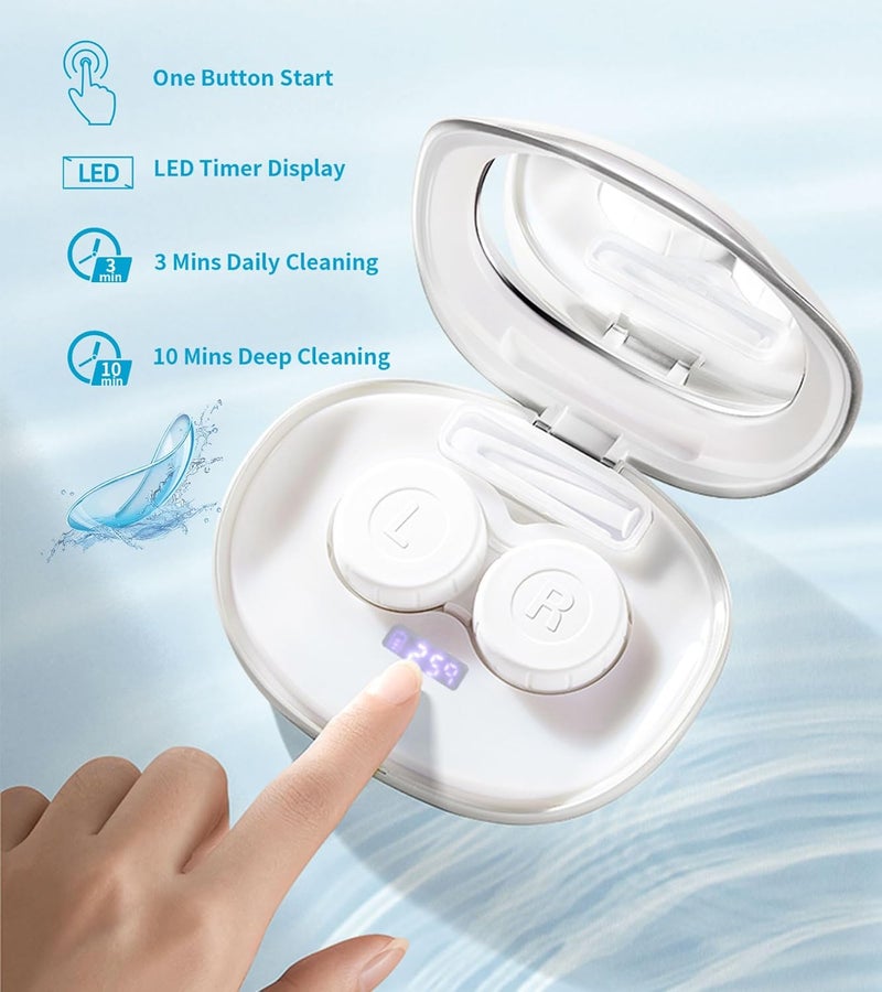 ofone Contact Lens Cleaner, Ultrasonic Contact Lens Cleaning Machine with USB Charger, Timer Display and 5 Contact Solution Cases Kit Replacement for Soft Hard Colored RGP Lenses (White) - Image 4